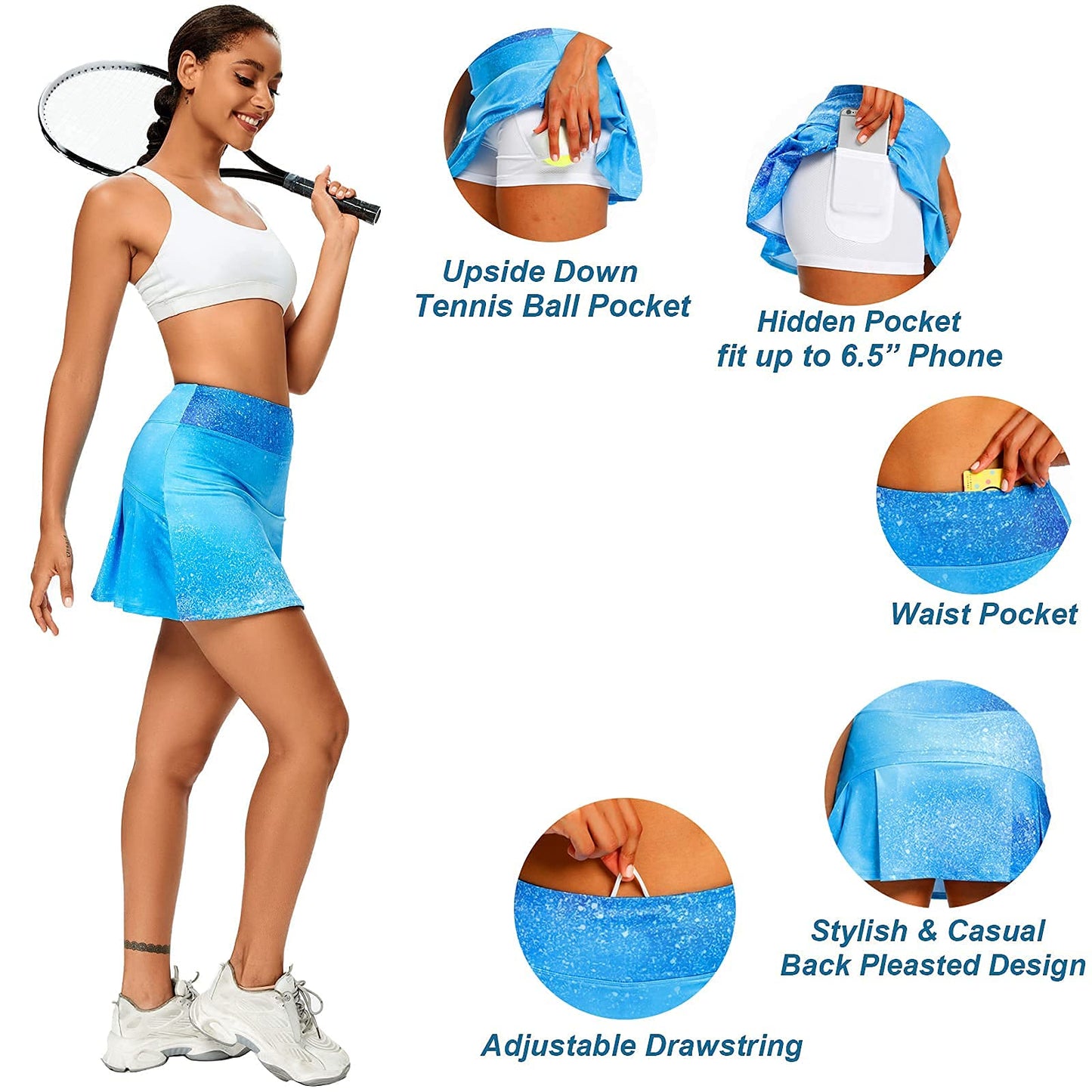 Ibeauti Womens Back Pleated Athletic Tennis Skorts Golf Skirts with 3 Pockets Mesh Shorts for Running Active Workout